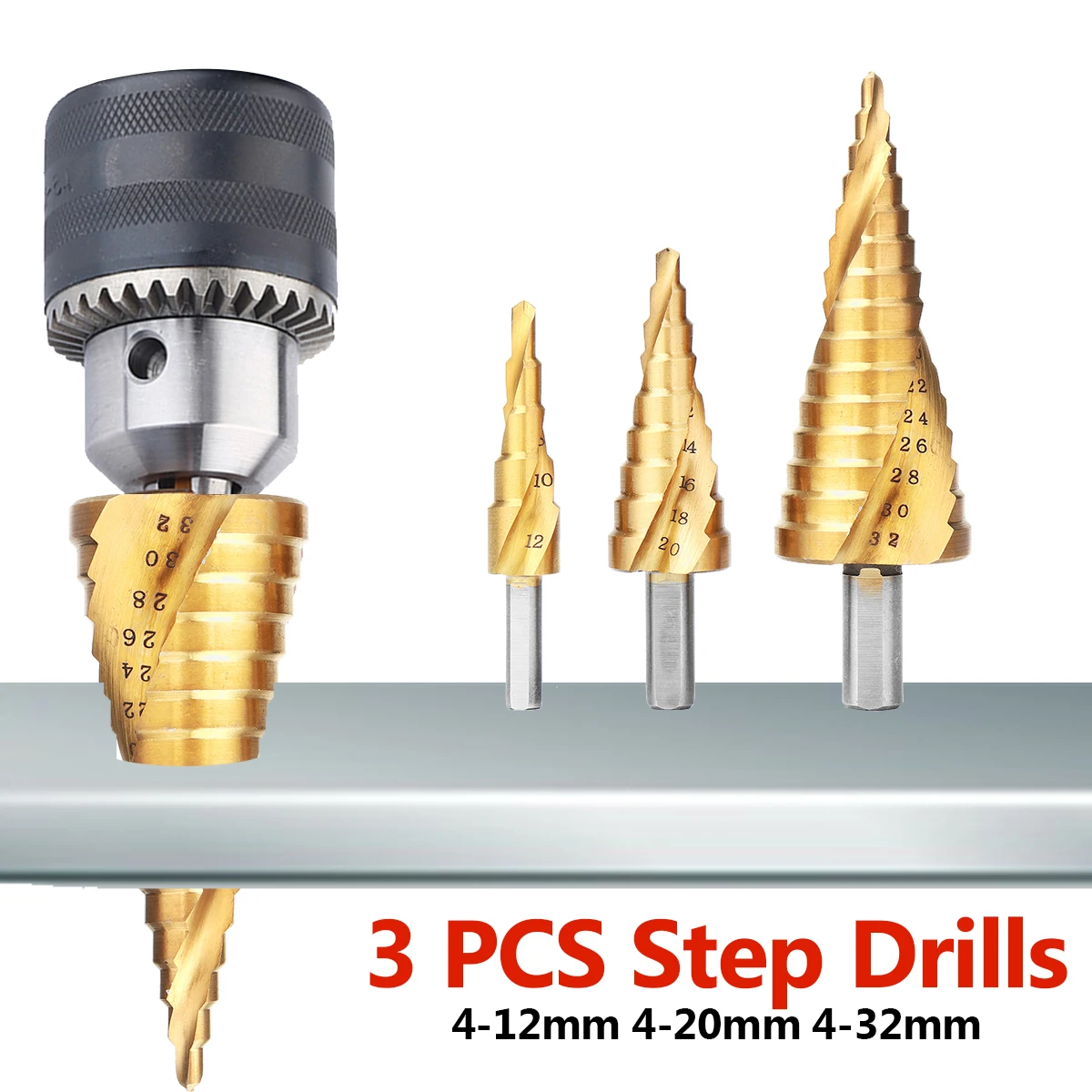 3Pcs 12/20/32mm Spiral Titanium Step Drill Bit Set Cone Shape Hole
