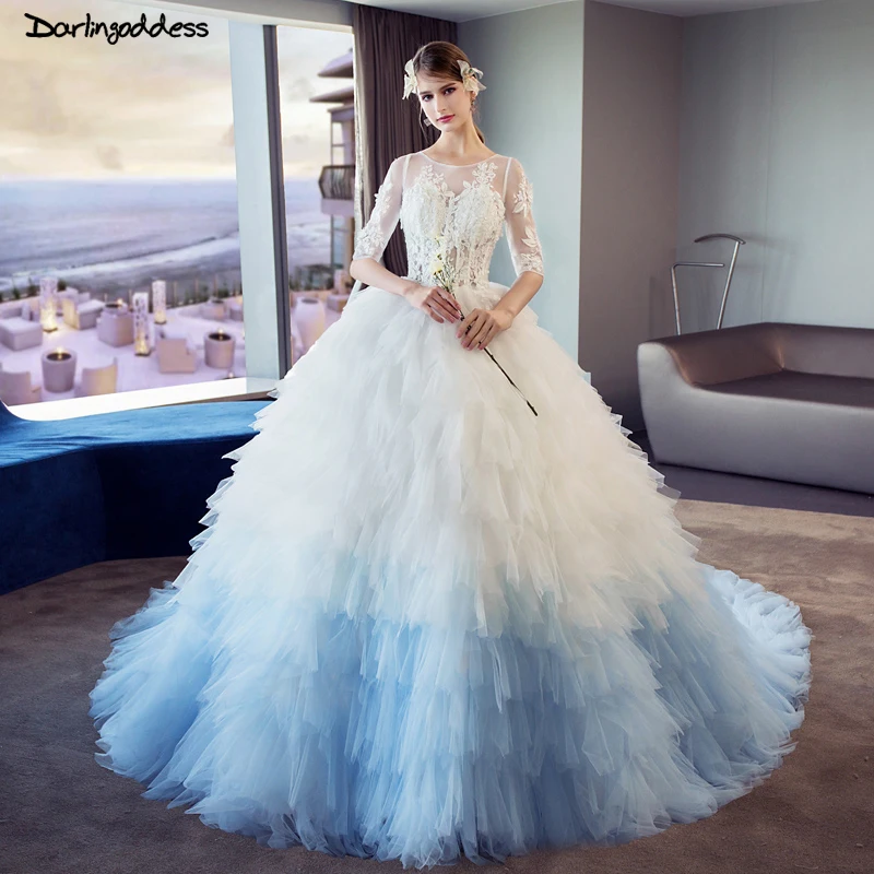 

Luxury Ball Gown Wedding Dress Dubai Sexy Illusion Puffy Wedding Gowns Half Sleeves Colorful Royal Train Wedding Dress Princess