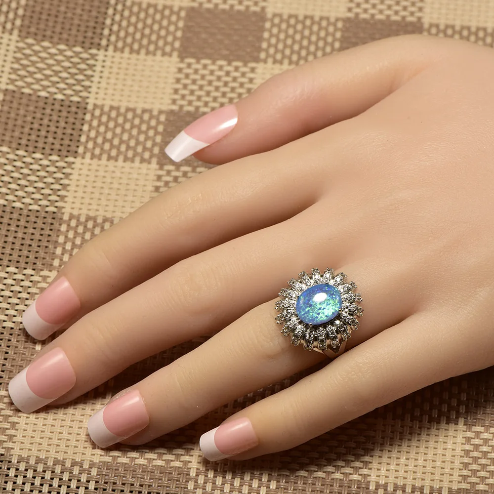 Женское кольцо из серебра 925 пробы с голубым огненным опалом|ring size|ring size 5crystal ring |