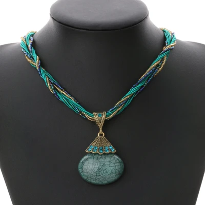 

Bohemian Colorful Women Beads Natural Stone Pendant Necklace With Multilayer Chain Indian Jewelry