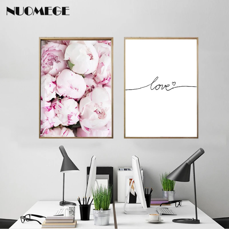

Peonies Print Pink Wall Art Quote "Love" poster Flower Peony Rose Canvas Painting Minimalist Botanical Wall Picture Decoration