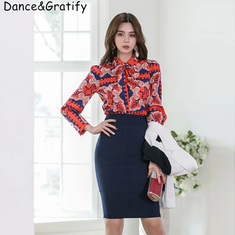 

2019 New Summer Fashion Women's Office Business Work Sets Print Turn-down Collar Shirt + Midi Bodycon Skirts 2 Piece Suit