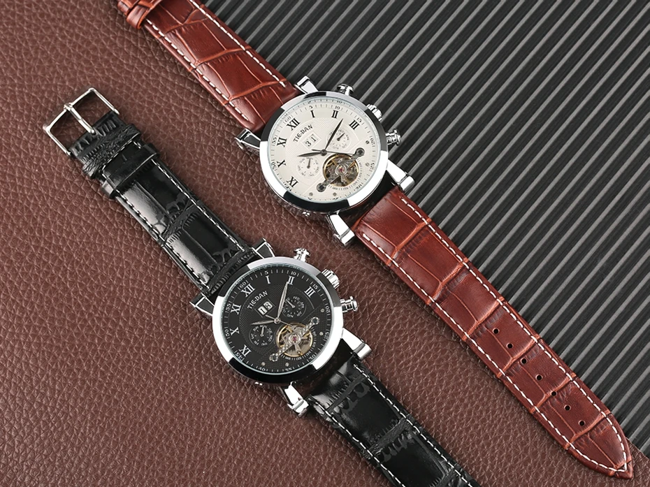 TIEDAN Men's Tourbillon Mechanical Watch Luxury Business Self-Winding Wristwatch Trendy Genuine Leather Fashion Date-Day Display 2018