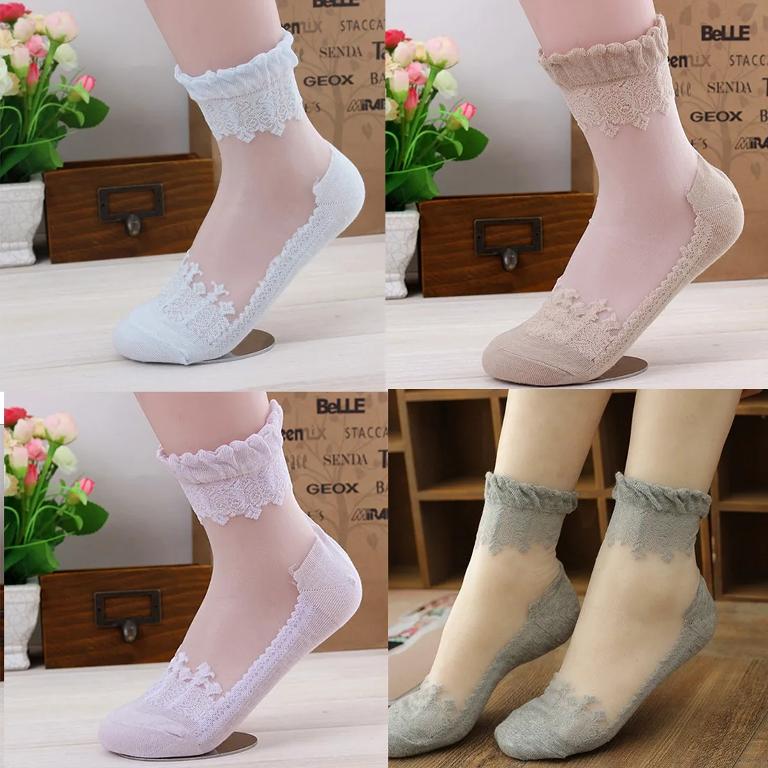Fashon 1Pair Women Lace Ruffle Ankle Sock Soft Comfy Sheer Silk Cotton