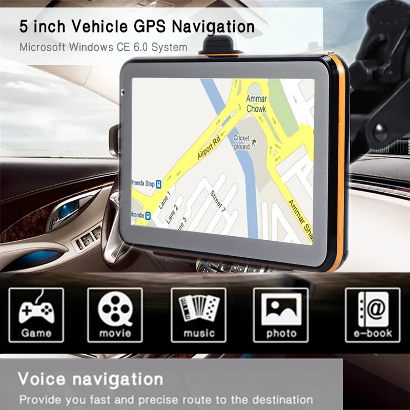 5 pulgadas camión vehículo GPS navegación TFT LCD pantalla táctil CE 6,0 guía de voz GPS navegador multifunción con gratis mapas