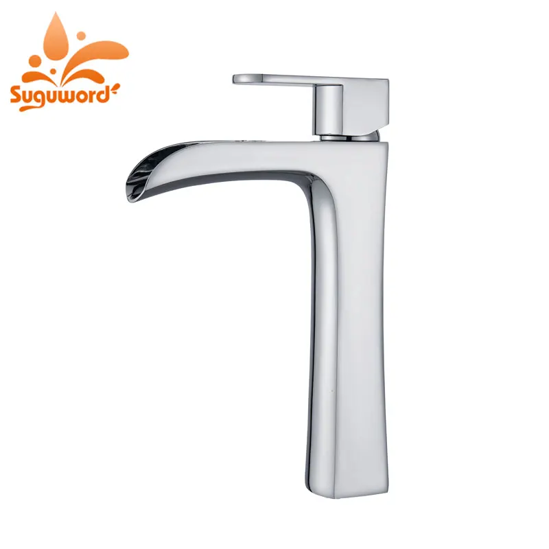 

Suguword Chrome Basin Faucet Hot and Cold Water Ceramic Valve Deck Mounted Mixer Taps Waterfall Spout