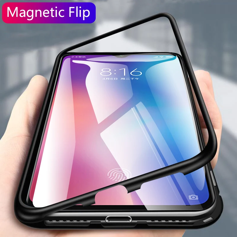 

Magnetic Flip Case For Xiaomi MI 9 Tempered Glass Back Cover For Xiaomi Mi9 Magnet Adsorption Protective Coque Metal Frame Shell