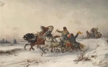 

Huge art Oil painting Speeding horse-drawn sleigh in winter sunset canvas 36"