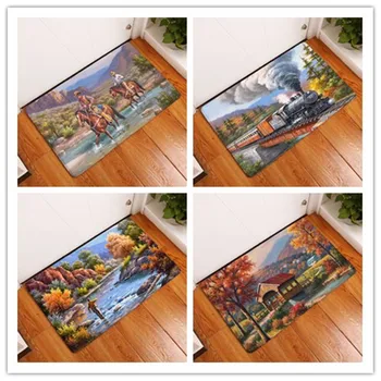 

Anti-Slip Entrance Floor Mats Vintage Cartoon House Scenery Train Carpet Durable Living Room Water Absorption Home Decor