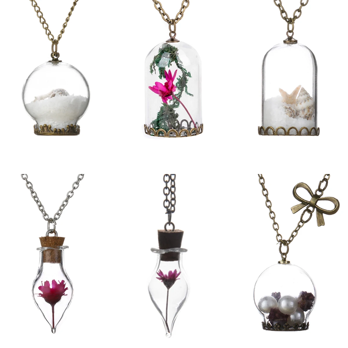 Wishing Bottle Dried Flower Glass Dandelion Women Sweater Chain Pendant Necklace