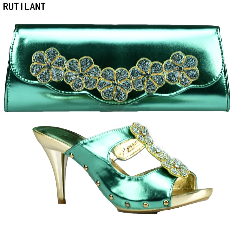 Latest Green Color Italian Shoes and Bags To Match Shoe with Bag Set