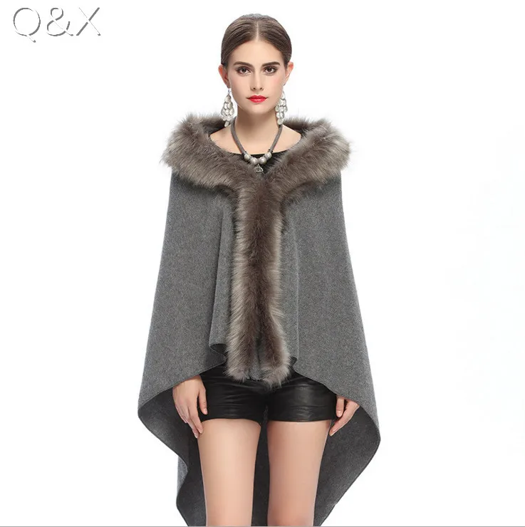 

SC67 Womens Fake Fur Collar Back Long Poncho Cape Cardigan Bridal Wedding Dress Shawl Cape 2017 Winter Lady Wool Vest Fur Coat