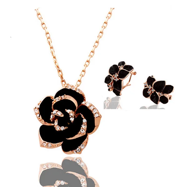 Fashion Women Jewelry Sets Camellia Design Pendant Gold-color Black Painting Rose Flower Necklace Earrings Ring