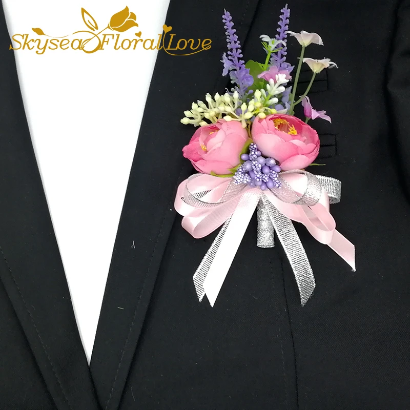 Бутоньерки на выпускной, вечерние, свадебные корсажи и Бутоньерки для невесты, жениха, розовый, фиолетовый шелковый браслет с цветами на запястье