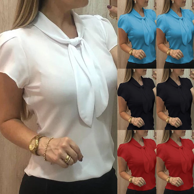 Summer Womens Short Sleeve High Quality Solid Chiffon Bow Knot Shirt Ladies Office Work Tops Crew Neck Multicolor S-5XL Blouse