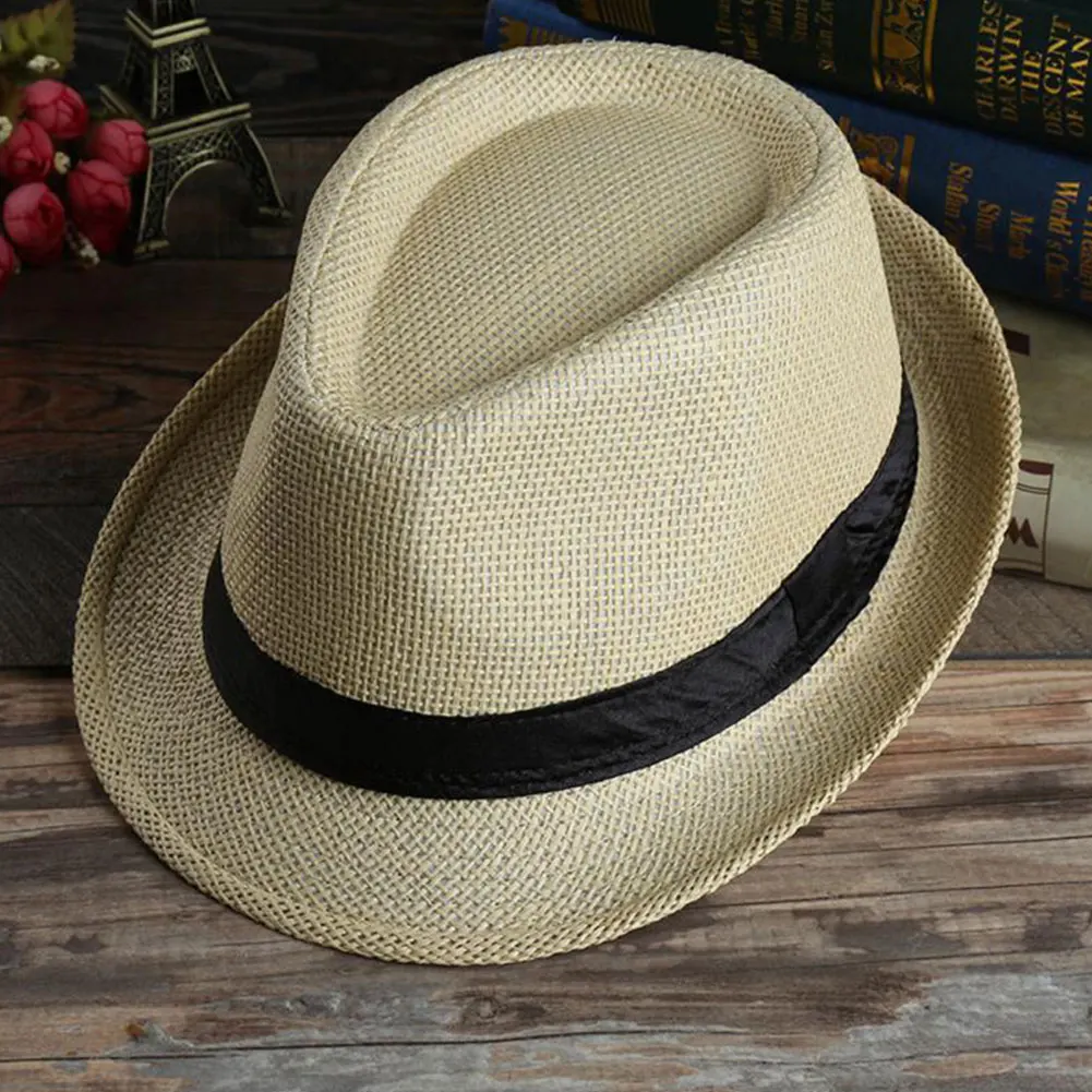 

1pc unisex Men Women grass Fedora Wide Brim Straw Cap Unisex Panama Summer Beach Sun Hat,capes for men Casual cap