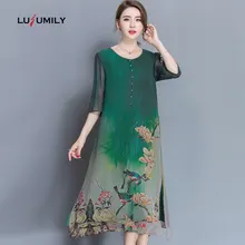 Lusumily, новинка, женское платье, весна-лето, китайский стиль, женское шелковое платье большого размера, свободное, с цветочным принтом, зеленое, длинное платье Vestidos