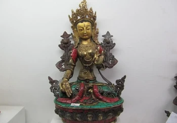 

USPS to USA S2688 13" Tibet Pure Bronze inlay beryl turquoise coral White TaRa padma Kwan-Yin Buddha