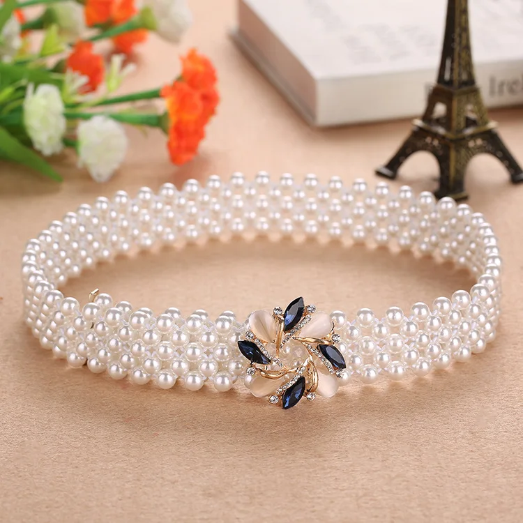 High Quality Luxury Pearl Belt Alloy Buckled Rhinestone Pearl Elastic