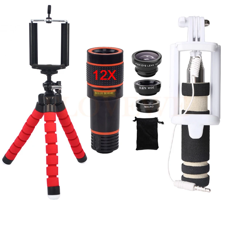 Phone Lentes Kit 12X Telephoto Zoom Lenses Fisheye Wide Angle Macro Lens Selfie Stick Clips Mobile Tripod For Xiaomi redmi Meizu