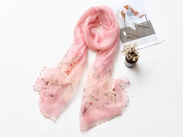 Luxury Brand Women Scarf High Quality Silk Scarves Shawl Lady Soft Wool Pashmina Elegant Embroidery Pearl Scarf Wrap Winter