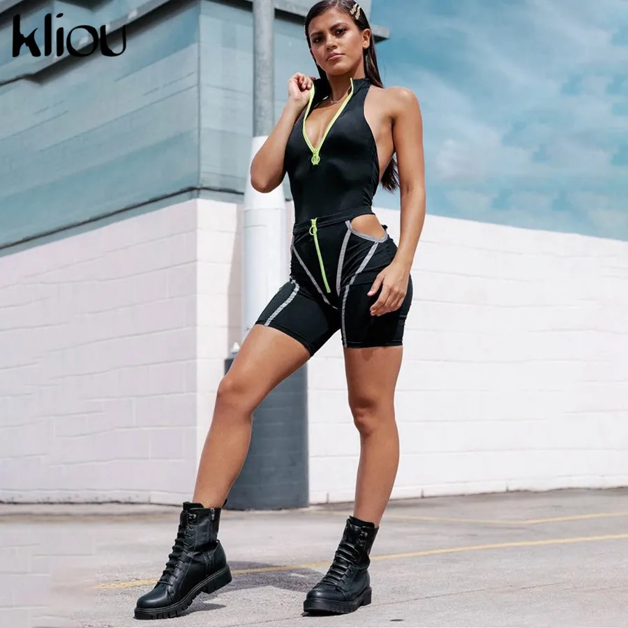 

Kliou 2019 women sexy 2 pieces set zipper turtleneck sleeveless bodysuit and side hollow out shorts Reflective outfit tracksuit