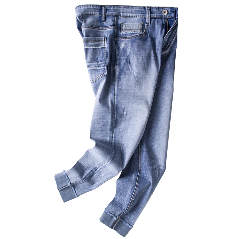  Plus-size Spring Autumn Men Stretch Blue Denim Trousers Scratched Ripped Bur Leg Loose Man Stretch Quality Comfortable Jeans
