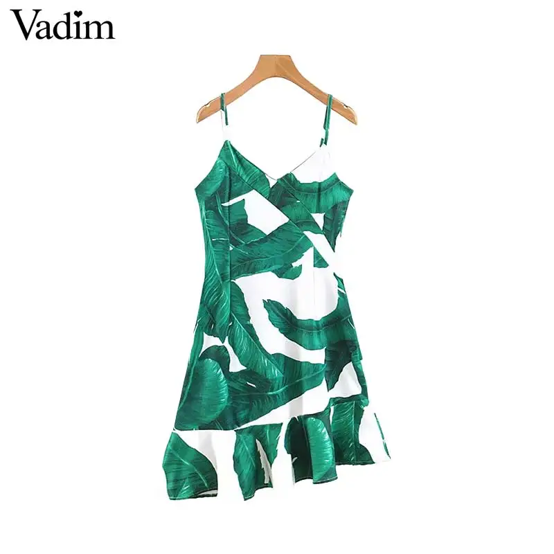 

Vadim women stylish print backless sleeveless mini dress ruffled irregular back zipper female chic summer dresses vestido QB962
