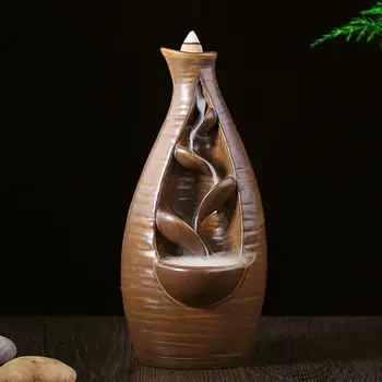 

Chinese Ceramic Vase Waterfall Incense Burner +10pcs Cones Stick Holder Censer Purple Clay Aroma Smoke Backflow Home Decor