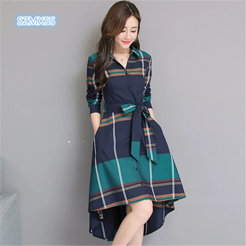 2018 verano otoño a cuadros con cinturón mujer otoño manga larga vestido Casual Camisa ropa femenina vendaje ajustado estampado AliExpress