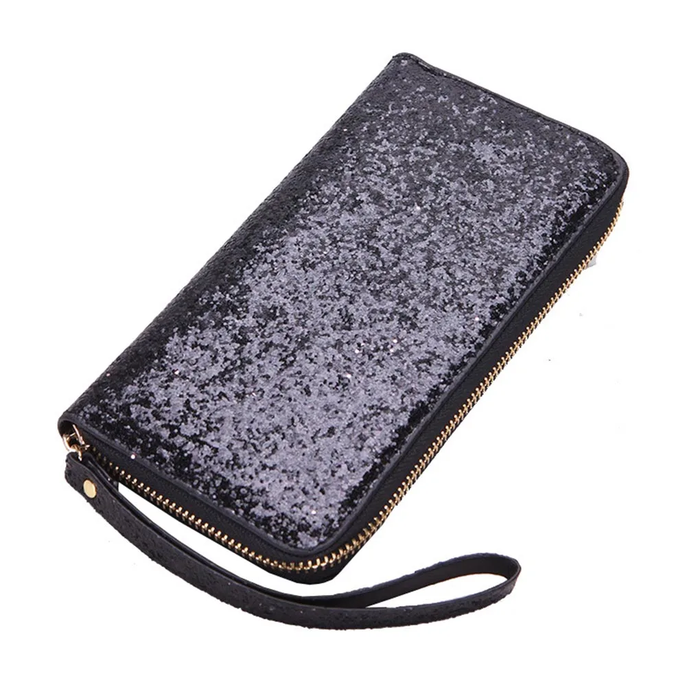 Hot Selling Women Long Wallet Sparkly Sequins PU Leather Bag Hand-held Phone Card Holder-B5 - Color: Black