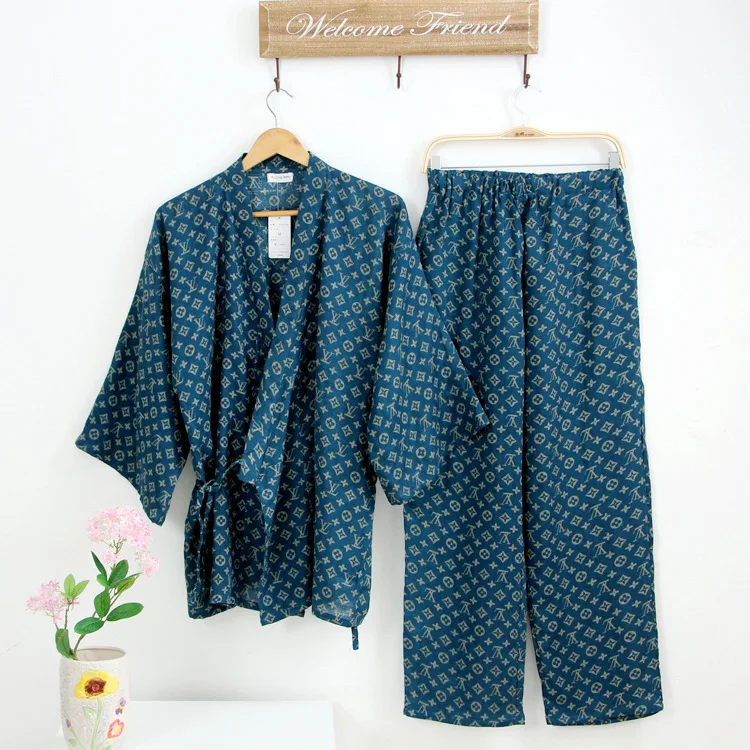 Summer Men Japanese Kimono robe Pajamas Suit male japan Cotton Double