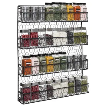

4 Tier Black Country Rustic Chicken Wire Pantry, Cabinet or Wall Mounted Spice Rack Storage Organizer