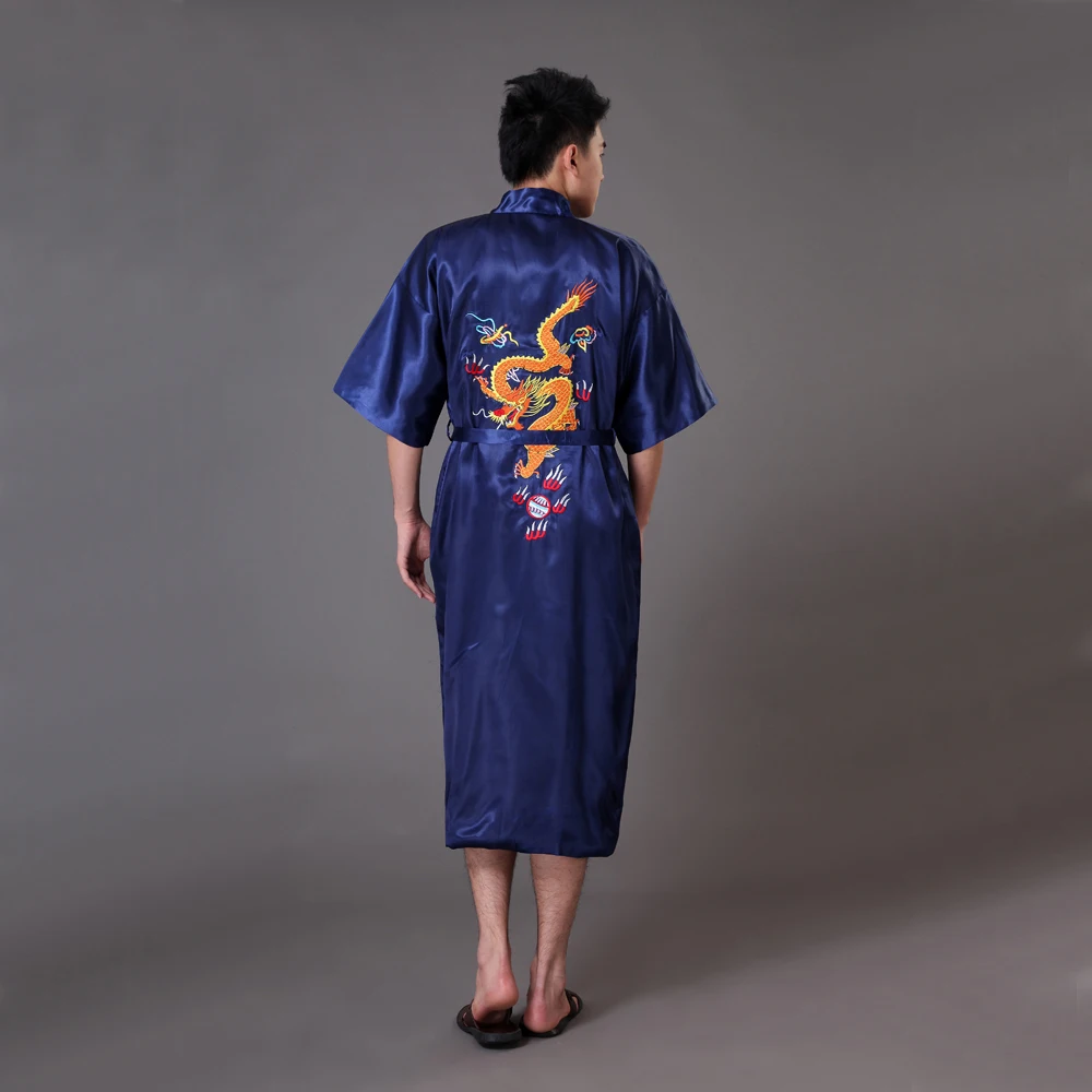 

Summer Navy Blue Men Silk Satin Kimono Bath Robe Gown Chinese Handmade Embroidery Dragon Nightwear Size S M L XL XXL XXXL MR019