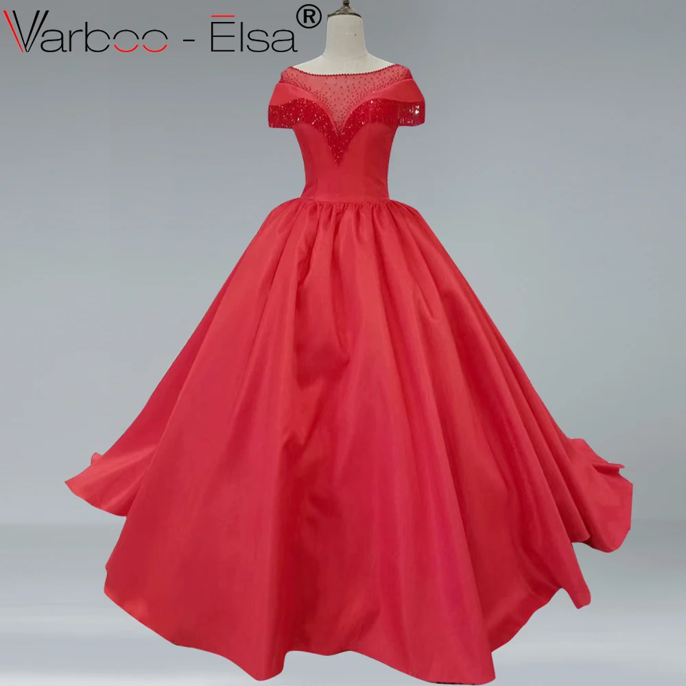 

VARBOO_ELSA vestido de festa longo Beaded Crystal Prom Dress Long Train Ball Evening Dress Red Satin Special Occasion Party Gown