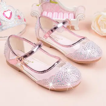 

New Girls Glitter Leather Dance Shoes Children Flat Princess Shoes Fashion Dress Crystal Shoes Kids Banquet Silver Party Wedding