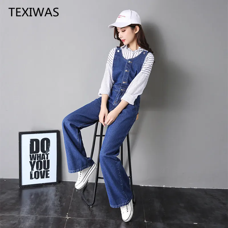 TEXIWAS Denim Jumpsuit women vogue front button Denim Strap Overalls