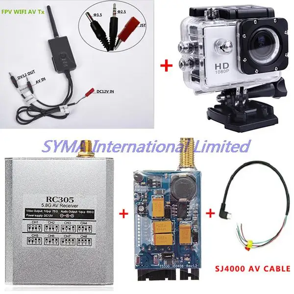 

FPV 5.8G 200mW 8CH AV Transmitter TS351+RC305 Receiver+802W WIFI Transmitter+SJ4000 Camera with AV Cable For Cheerson CX-20 CX20