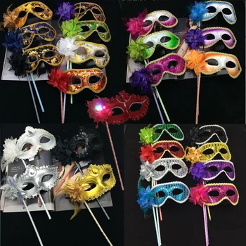 

LED Glowing New Women Sequin Venetian Ball Masquerad Mask On Stick Flower Side Handheld Masks Halloween Dance Party Dress