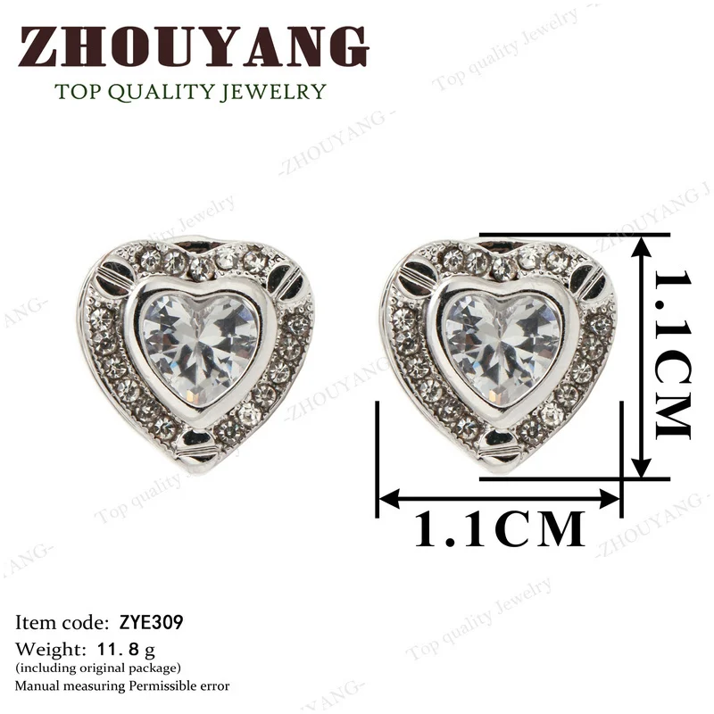 ZHOUYANG Top Quality Three Colour CZ Heart Silver Color Stud Earrings Jewelry Austrian Crystal Wholesale ZYE309