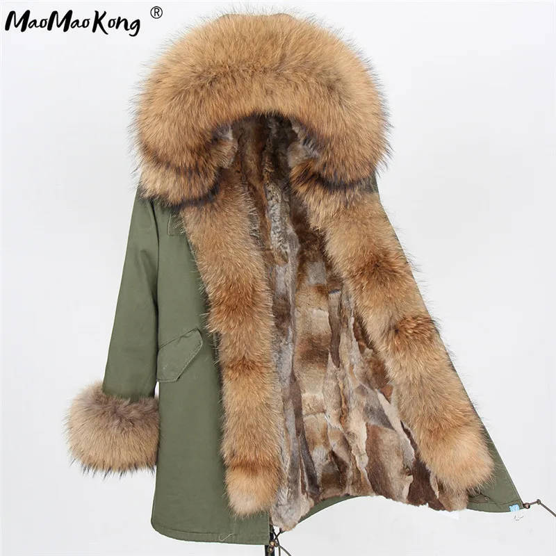 Maomaokong, зимнее длинное пальто с натуральным мехом енота, роскошное пальто с меховым воротником, красная армейская зеленая парка с натуральным кроличьим мехом - Цвет: FD2-15