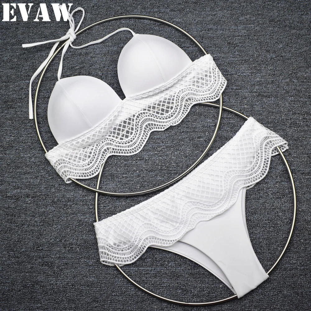 

EVAW 2019 White Bikini Lace Swimsuit Women Sexy Swimwear Bandage Push Up Swimsuit Female Separate Beach Bathing Suits Mid Waist