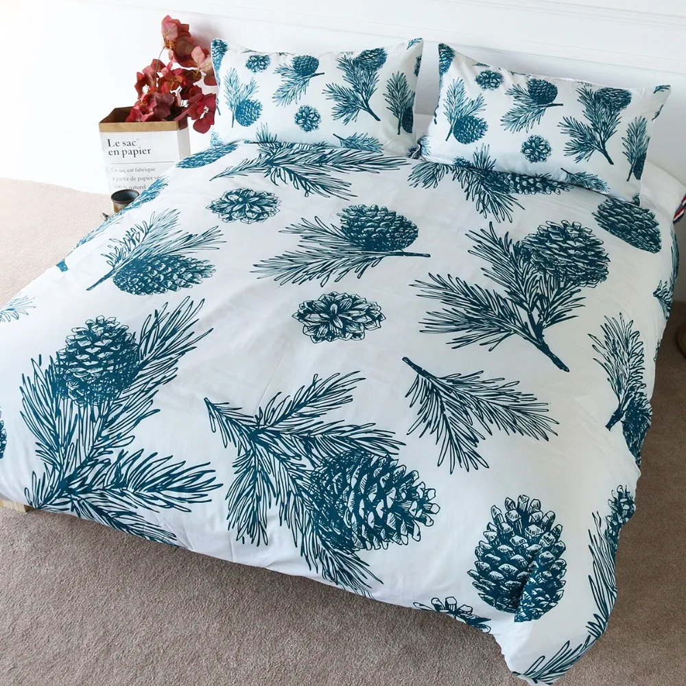 BlessLiving Pine Cones Bedding Set Queen Green Natural Bedspread