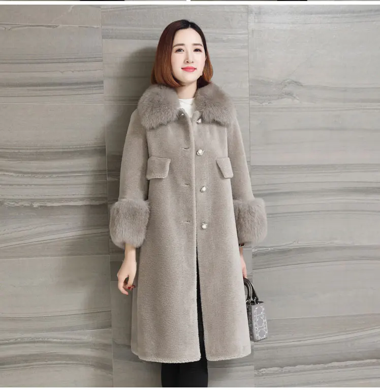 women natural sheep fur coat with real fox fur collar (11)