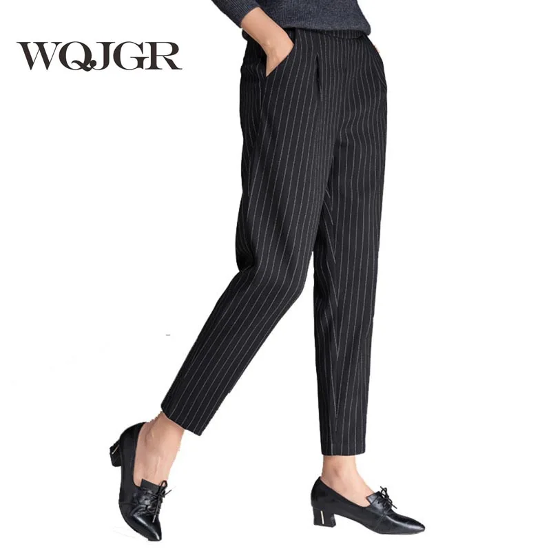 

Autumn And Winter Easy Code Width Leg Nine Part Pants Woman Trousers Leisure Time Striped Suit Pants Woman Pants