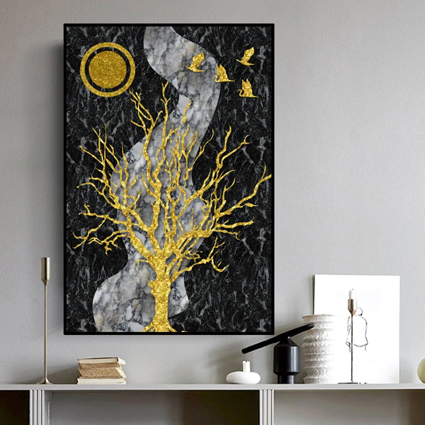 Canvas Painting Abstract Wall Art Printed Pictures 1 Panel Poster Sunrise Tree Landscape Photo Golden Bird For Living Room Decor | Дом и сад