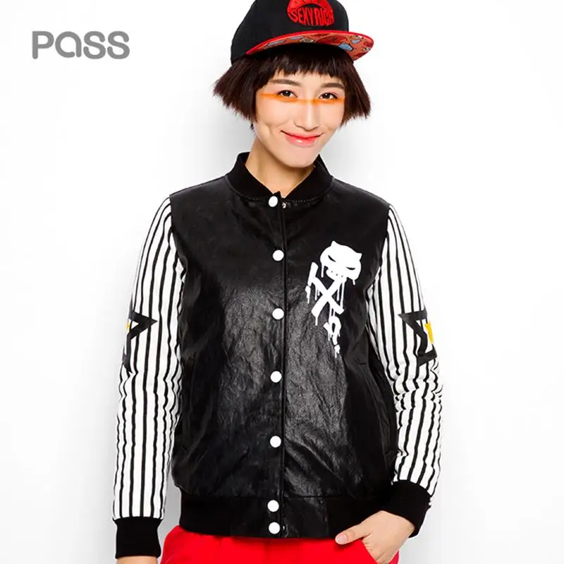 

PASS 2017 New Arrival Spring Women Fashion Stripe Letter Cartoon Pattern Female Coat