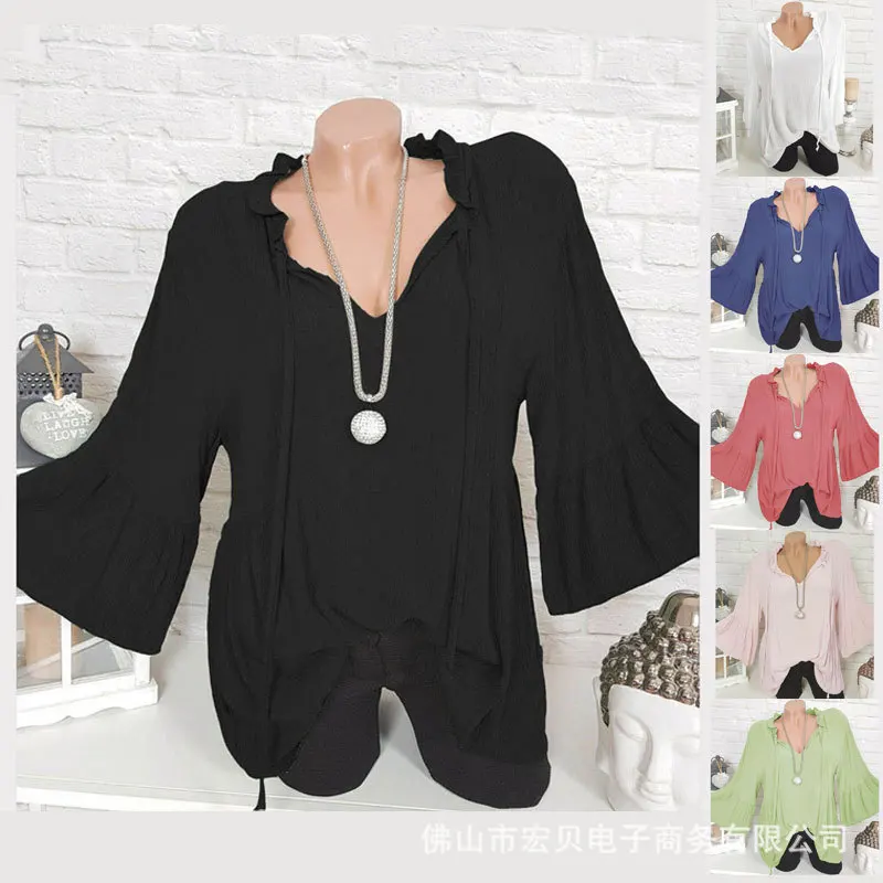 

Large size women's shirt 2019 autumn Blouse solid color lotus leaf collar seven-point sleeve black Blouse 4XL 5XL