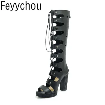 

Women Sandals Super High Heel Beach Shoes Pu Zip Lace Up Knee High Gladiator 2018 Summer Sexy Fashion Casual Party Black White