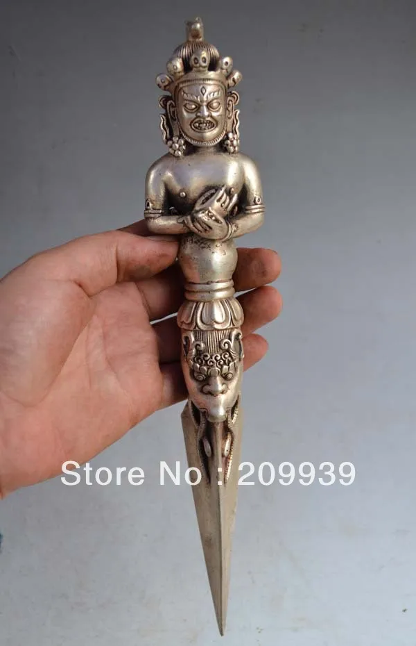 

001474 11" Tibet Tibetan Buddhist Silver Bronze Mahakala Phurpa Dagger statue (A0322) A0403